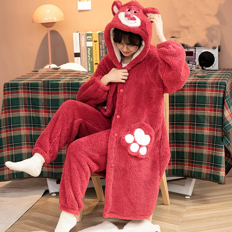 Winter Thick Hooded Flannel Animal Pajamas Sets Women Loose Long Sleeve Nightgown With Pants Cosplay Bear Cartoon Warm Nightwear