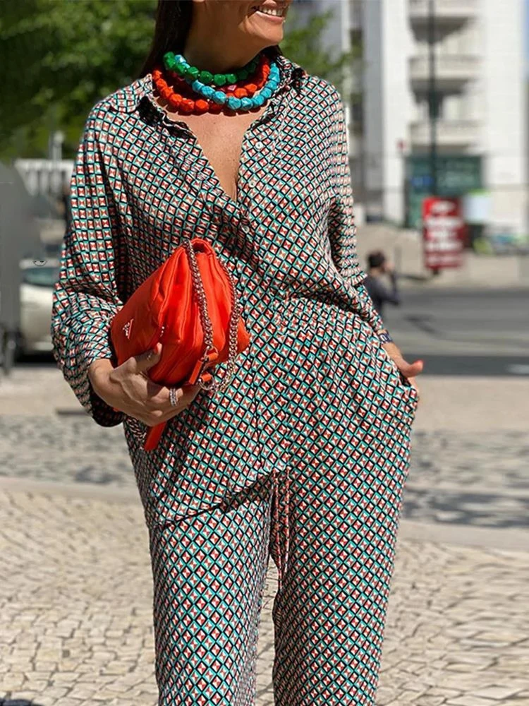 Women's Pajamas Set Geometric Pattern Print Loose Sleepwear Long-Sleeved Shirt Ethnic Style High Waist Straight Trousers Suit