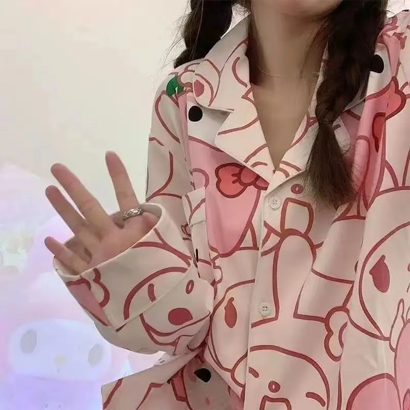 

Женский летний комплект Sanrio Melody Kuromi Hello Пижама Kitty, летняя Милая ледяная шелковая домашняя фурия с длинным рукавом