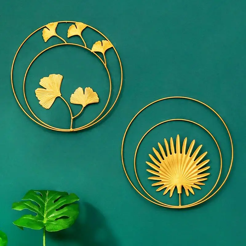 

Nordic Style Metal Wall Hanging Golden Round Ginkgo Leaf Home Living Room Wall Decoration Background Iron Painting Decoration