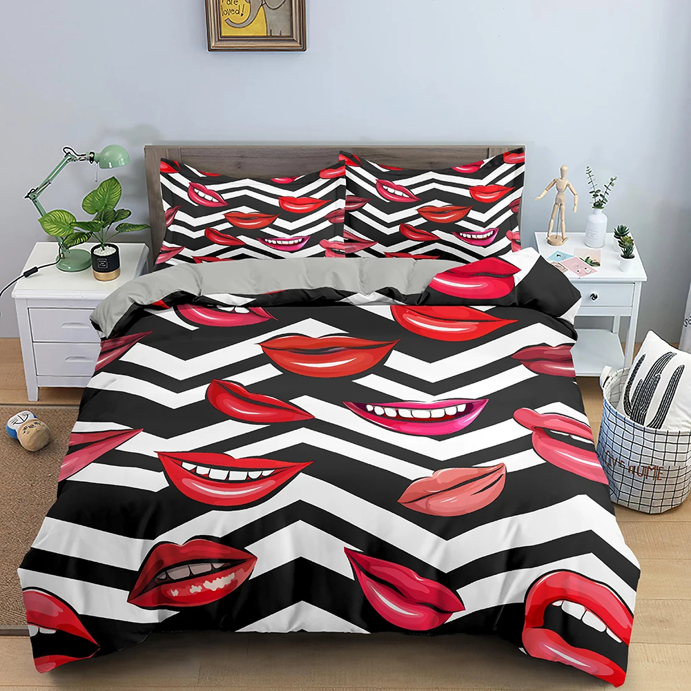 

Lips Duvet Cover Set 3D HD Digital Print Bedding Set Kiss Me Red Lips Bedclothes King Size Quilt Cover With Zipper Closure