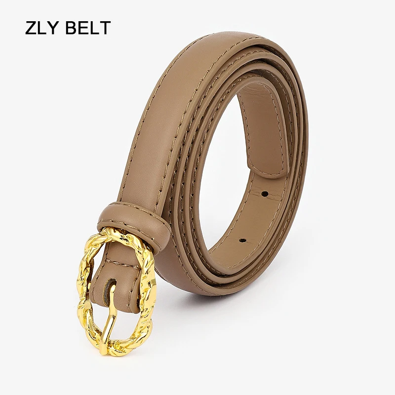 ZLY 2022 New Fashion Belt Women Versatile PU Leather Material Oval Metal Alloy Brushed Stripe Buckle Hand Stitching Casual Style