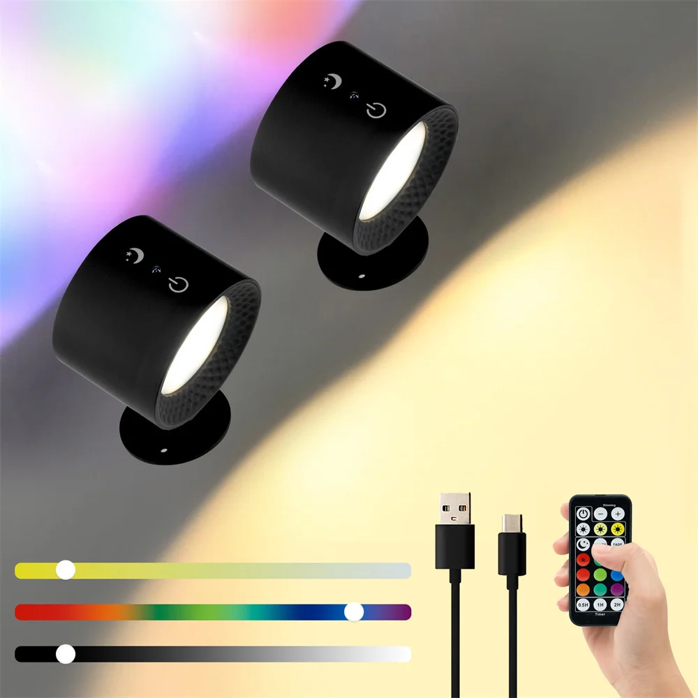 Фото Магнитное настенное бра цвета RGB, перезаряжаемое через USB, 3-цветное, с регулируемой яркостью и дистанционным магнитом на 360 градусов °   Вращение для гостиной №1