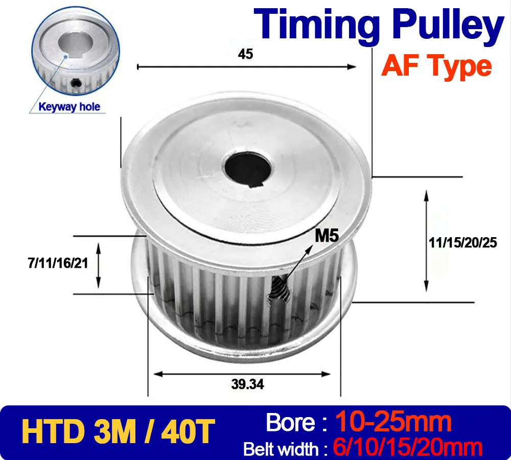 

1PC 40Teeth HTD 3M Timing Pulley Teeth Pitch 3mm Keyway Bore 10mm-25mm For HTD3M Synchronous Belt Width6/10/15/20mm 40T