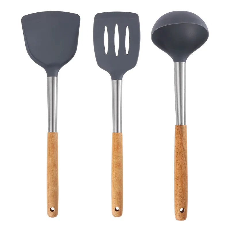 

Beech silica gel kitchenware, wooden handle, silica gel shovel spoon, silica gel spatula, soup spoon, cooking shovel spoon