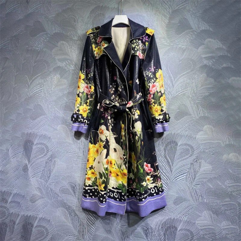 

2023FW new women's lapel printed PU leather windbreaker jacket y2k high quality retro high street lace-up waist long jacket XXL