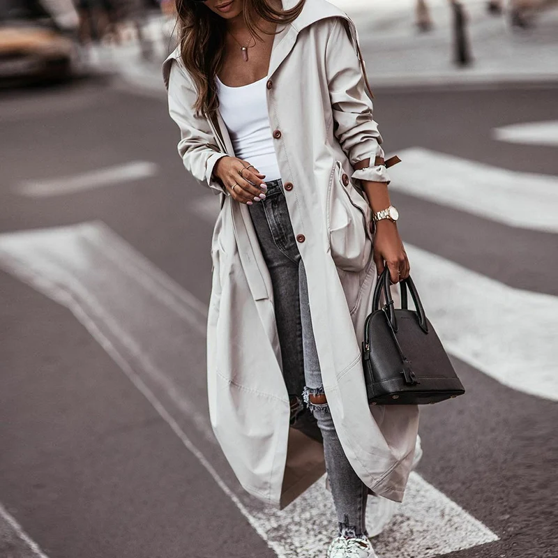 

Autumn Elegant Casual Solid Color Women's Coat Winter Warm Coat Ladies Fashion Single Breasted Long Loose Windbreaker Cardigan