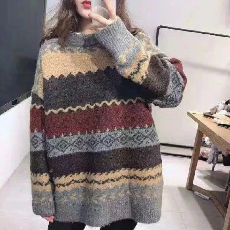 

ZOKI Pullover Women Jumper Vintage Loose Casual Sweater Geometric Retro Lazy Female Harajuku Korean Oversize Knitted Tops New