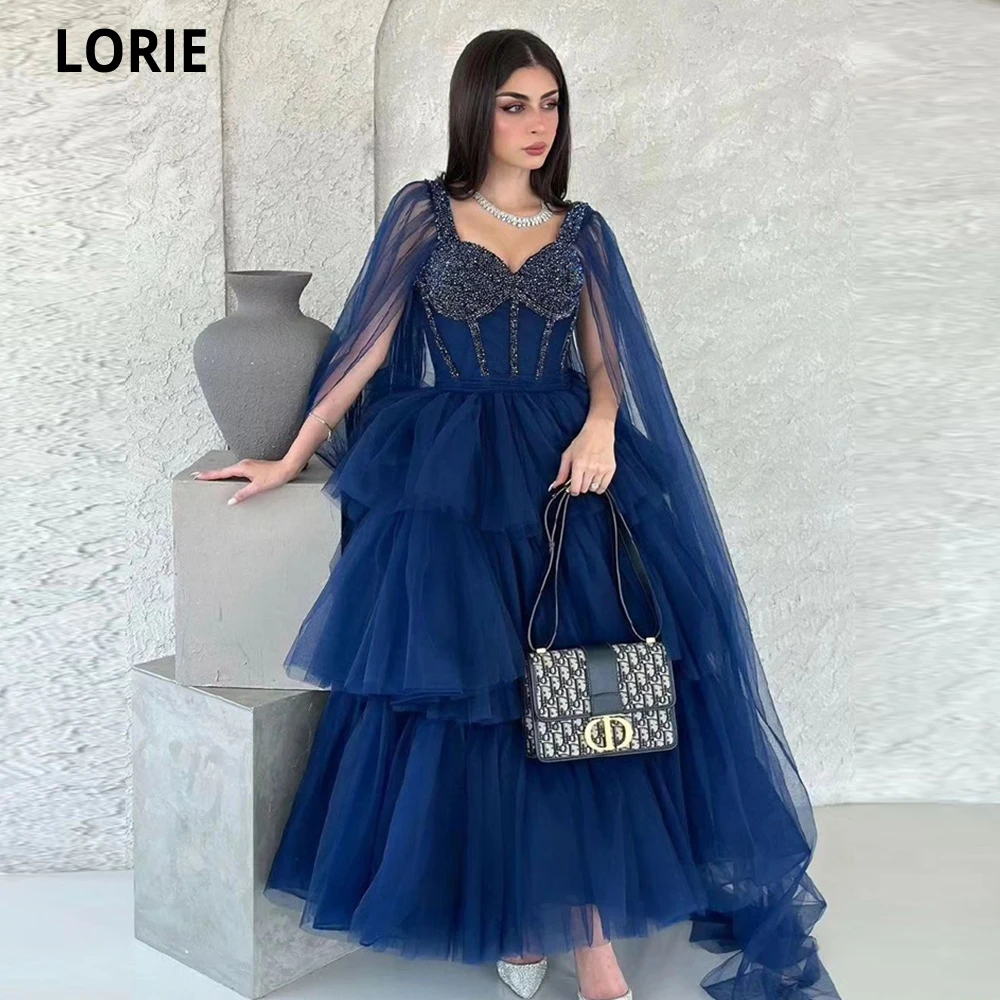 

LORIE Sparkly Beaded Prom Dresses Spaghetti Straps With Cape A-Line Long Tiered Arabic Evening Gown Corset Celebrity Party Dress