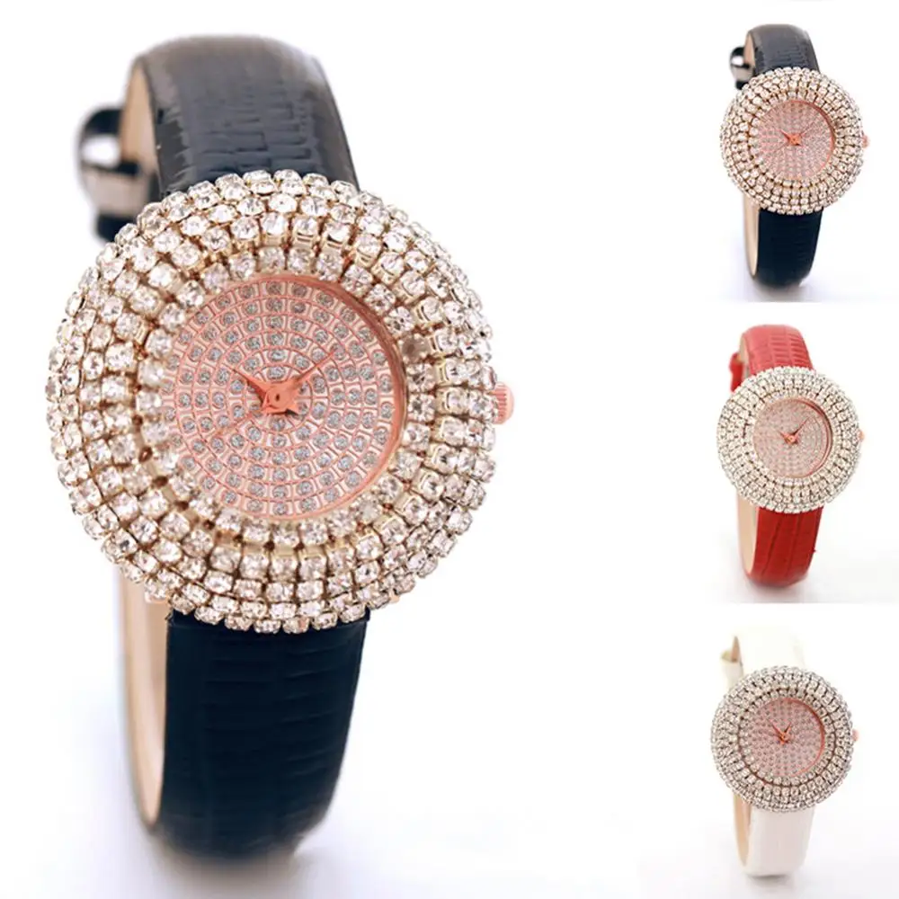 Exquisite Rhinestone Crystal Dial Quartz Wristwatches 4 Fashion Colors Women's Watches Leather Band Strap Beauty Lady Best Gifts images - 6