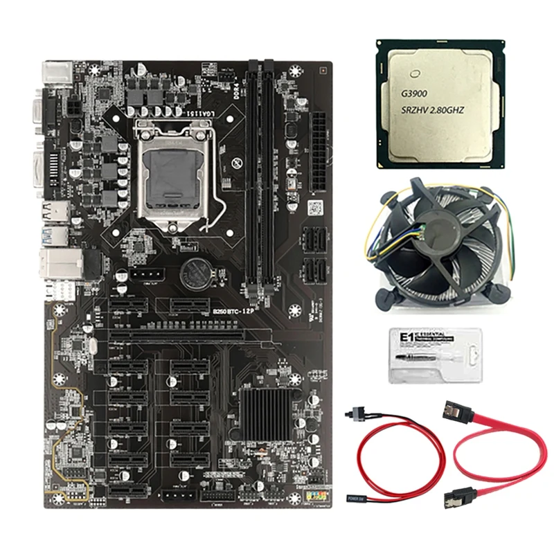 

B250B BTC Mining Motherboard With G3900 CPU+Thermal Grease+Cooling Fan+Switch Cable 12 PCI-E Slots LGA1151 DDR4 SATA3.0
