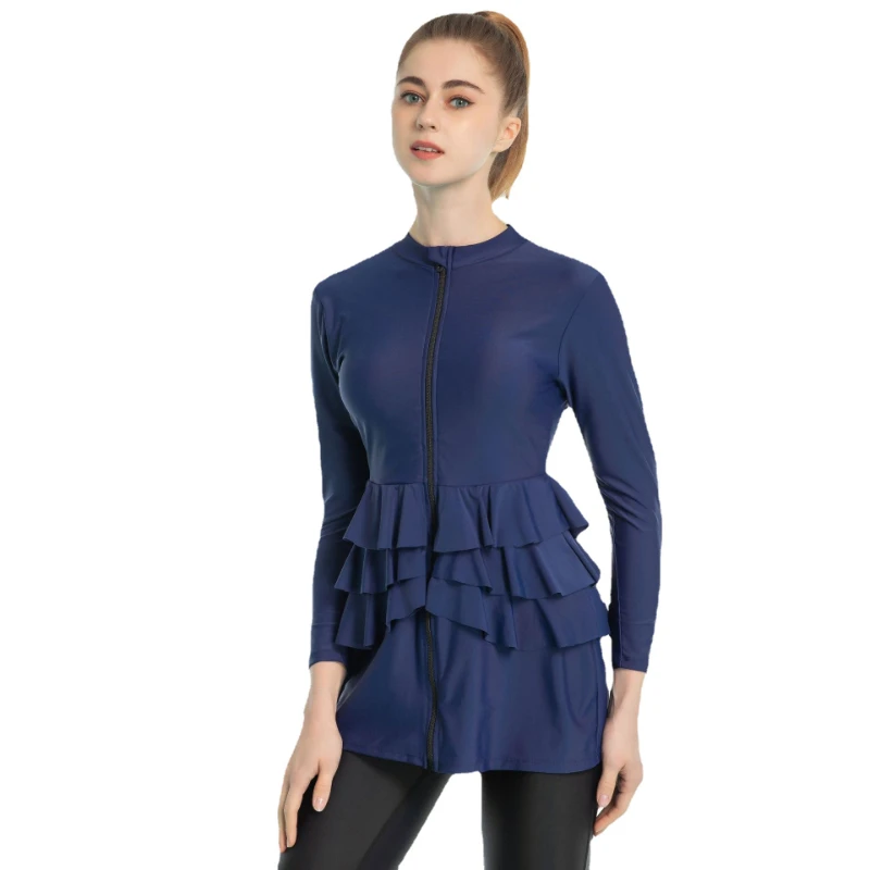 Women Muslim Split Dressing Swimwear Swimsuit Sets with Chest Cuison Bracket High Rise Cyan Bikini Bath Swimming Suit Islamic