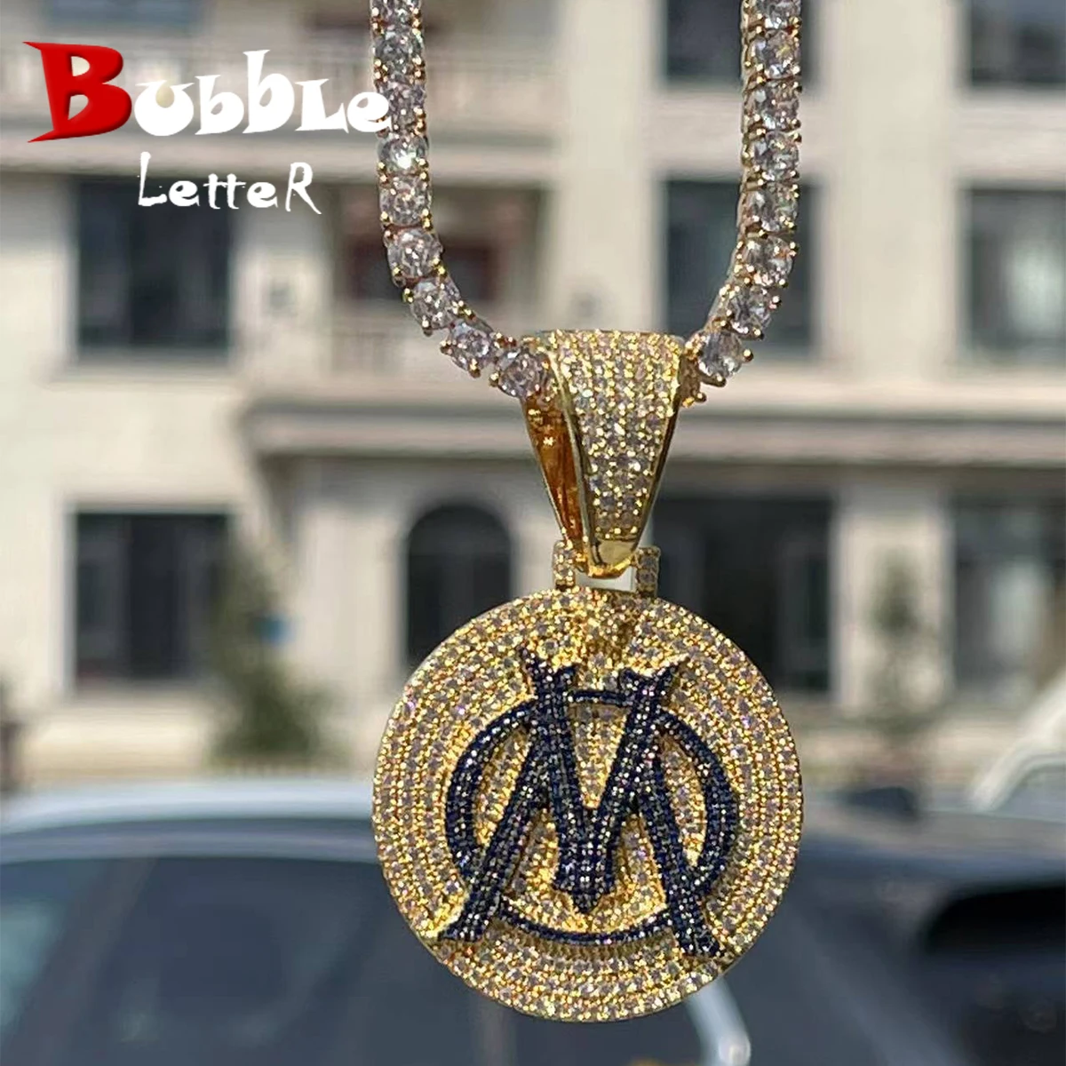 

Bubble Letter Iced Out Pendant Necklace for Men Football Charms Real Gold Plated Hip Hop Jewelry