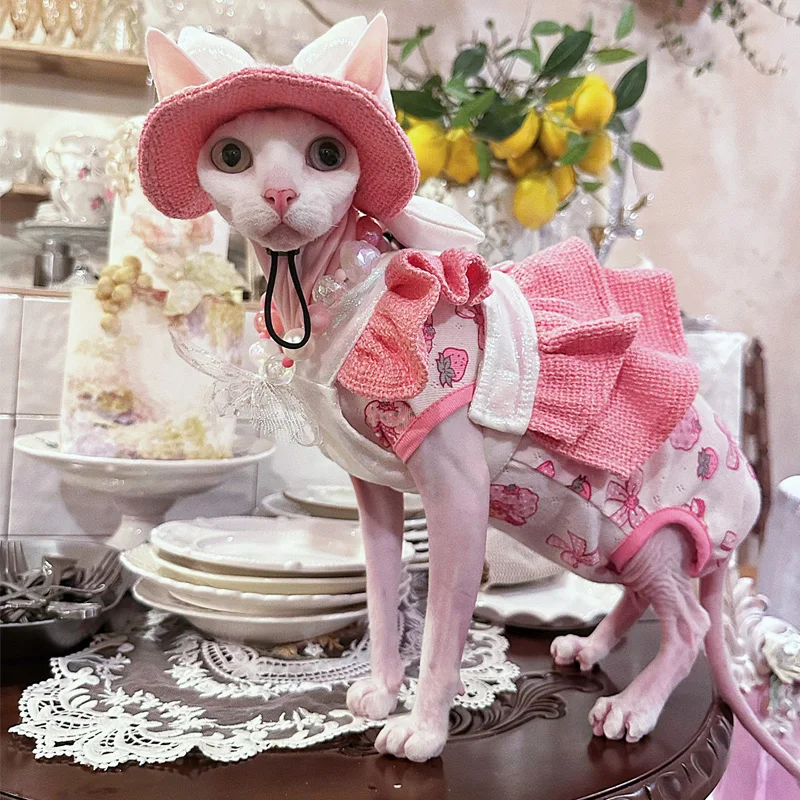Фото Роскошное розовое ароматное платье с котом и бантом, шляпа, свадебная вечеринка, платье с изображением сфинкса для девочек, летняя милая одежда для отдыха с котом для Devon Rex №1