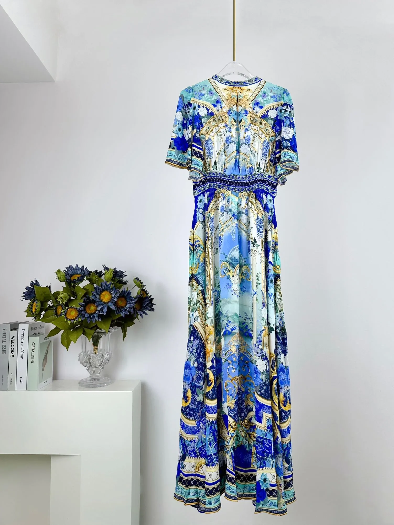 Женское длинное шелковое платье Элегантное синее с глубоким V-образным вырезом и