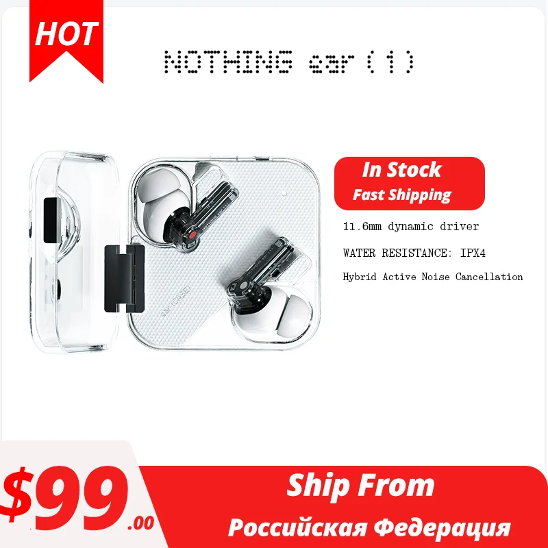 Tanie Nowe Ucho Nic (1) Prawdziwe Bezprzewodowe Wkładki Douszne Bluetooth 5.2 Słuchawki Hybrydowe ANC 11.6mm Dynamiczne 3 Mikrofony Słuchawki Douszne