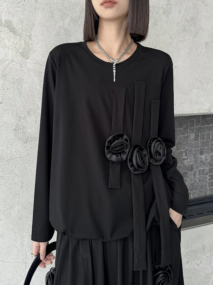 [EAM] Футболка с цветочным принтом большого размера широкие брюки костюм из двух