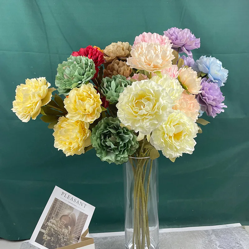 

3-Head Foreign Peony Simulation Fabric Silk Flower European Wedding Home Garden Decoration Layout Flower Vase Arrangement Props