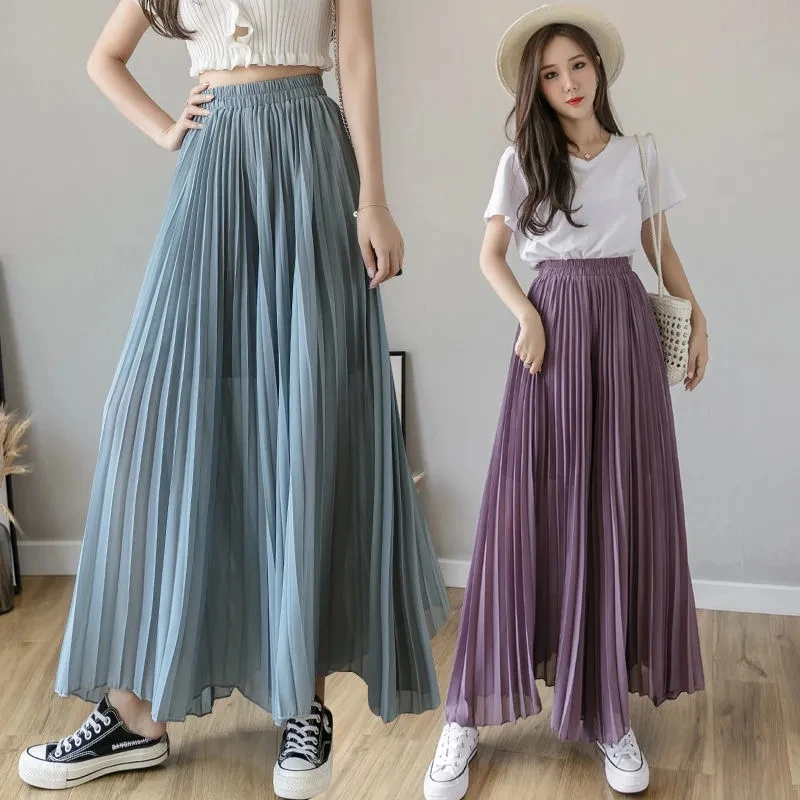 

Корейские свободные плиссированные шифоновые брюки, лето 2022, эластичные с высокой талией, тонкие широкие брюки, женские повседневные модные женские брюки