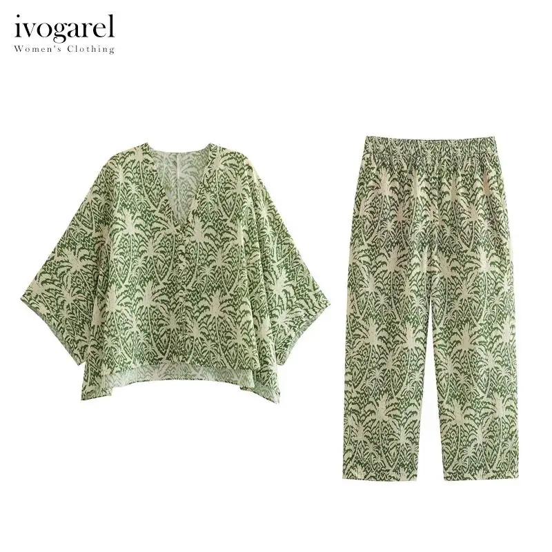 

Ivogarel Women's Printed Cotton Blouse & Relaxed-Fit Trousers Traf V-Neck Asymmetric Hem Blouse Mid-Rise Wide-leg Pants