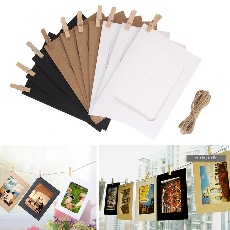 

10Pcs Combination Paper Frame With Clips DIY Kraft Paper Picture Frame Hanging Wall Photos Album 2M Rope Home Decoration Craft