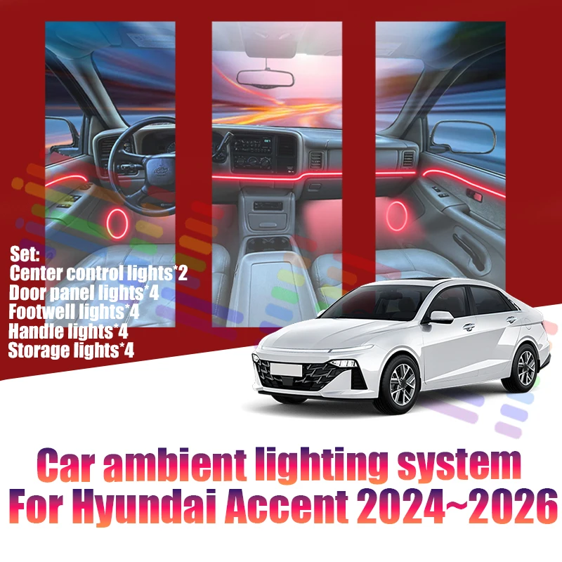 Фото Для Hyundai Accent 2024~2026 BN7: Светодиодные атмосферные лампы, цветная подсветка салона, неоновая лента, 64 RGB-цвета №1