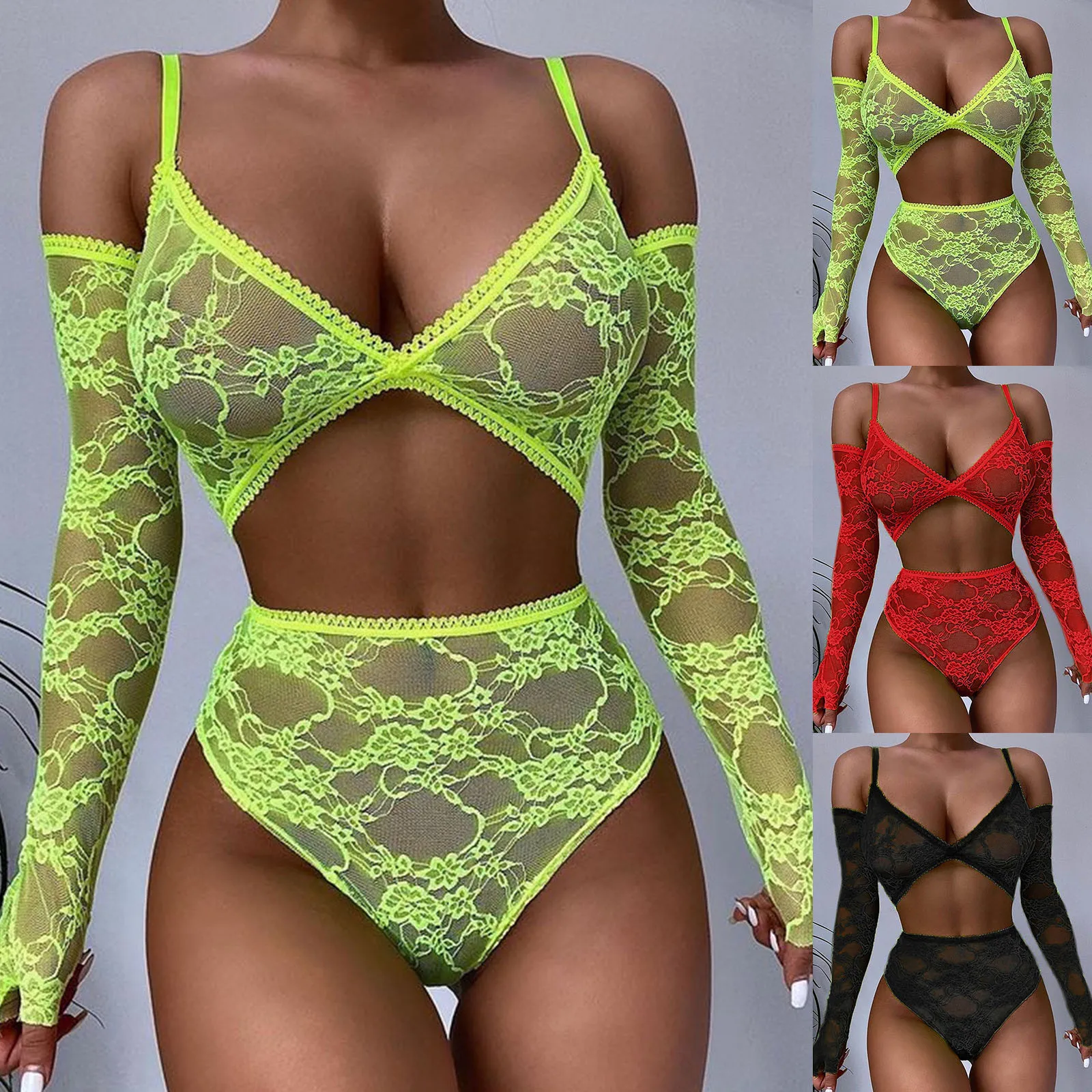 

Women Tempting Pure Color Lace Lingerie Set Babydoll See-through Sexy Lingerie Pornos Suit Transparent Bra Thong Gloves Lenceria