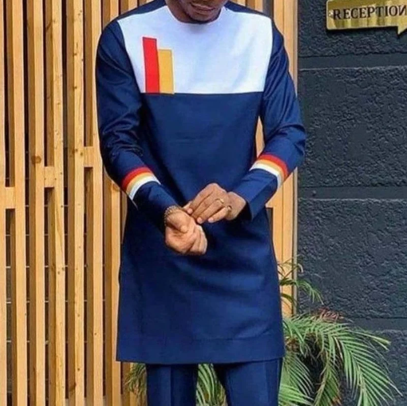 Islam Man Shirt 2022 Muslim Fashion Mid-length Color Block Stitching T-shirt African Men's Clothing Long Sleeve Dashiki Top Male