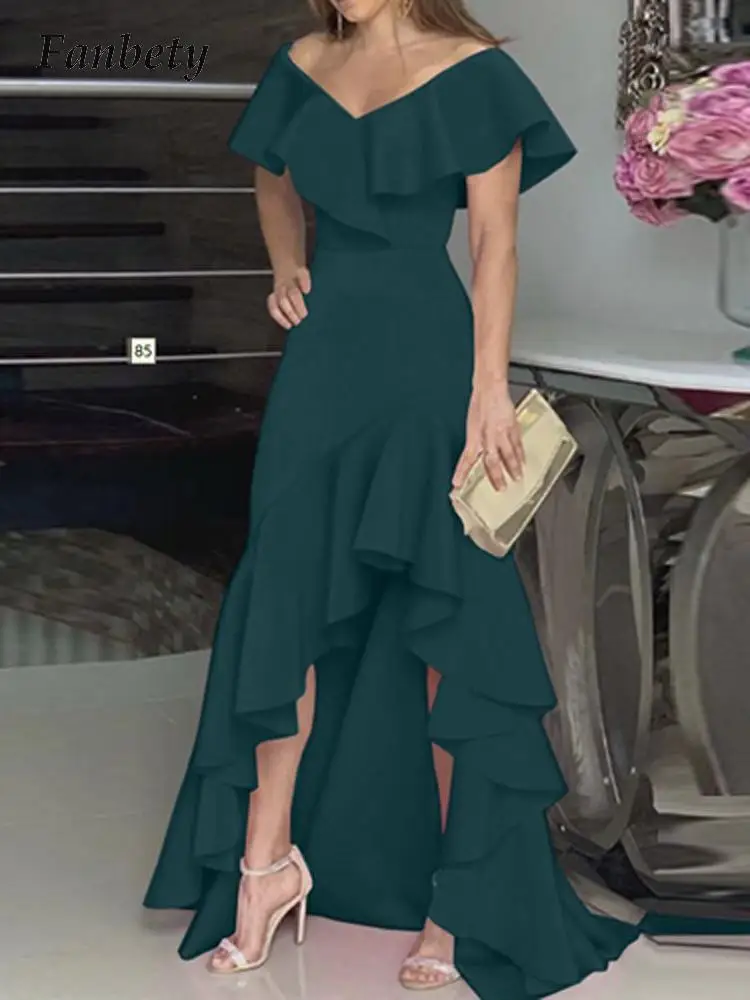 

Women Fashion Personality Design Irregular Ruffle Hem Dress Sexy Temperament Solid Color V-Neck Lady Dress Chic Slim Party Dress