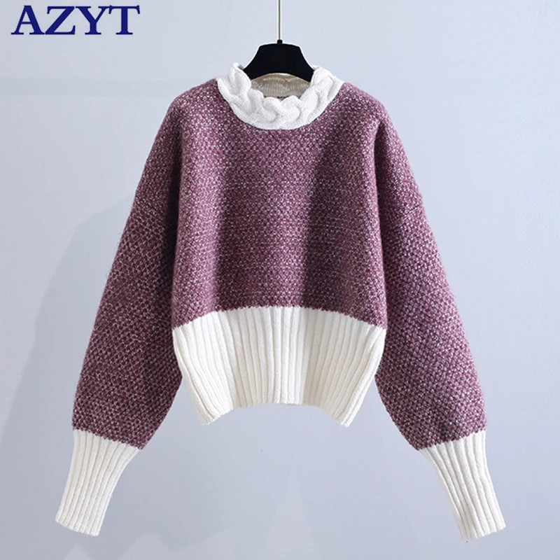 

AZYT O Neck Pullover Women's Sweater Korean Fashion Patchwork Sweater Jumpers Female 2022 Spring Autumn Knitwear Pull Femme Tops