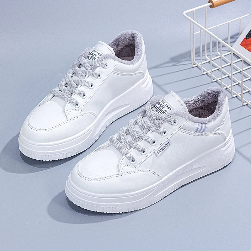 

White Lace Up Pu Leather Female Shoes Winter Breathable Classics Shoes Women Sports Shoes Flat Skateboarding Shoes Plus Cotton