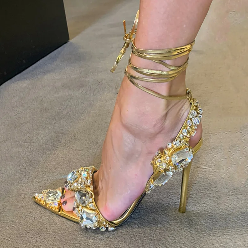 

2022 New Women's Summer Sexy Thin High Heel Tip Wedding Shoes Genuine Leather Ladies Shiny Diamond Roman Sandals Big Size 34-43