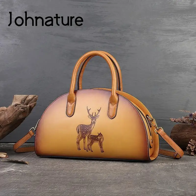 

Johnature Retro Genuine Leather Women Bag 2022 New Exquisite Fawn Handmade Pyrography Luxury Handbag Real Cowhide Shoulder Bags