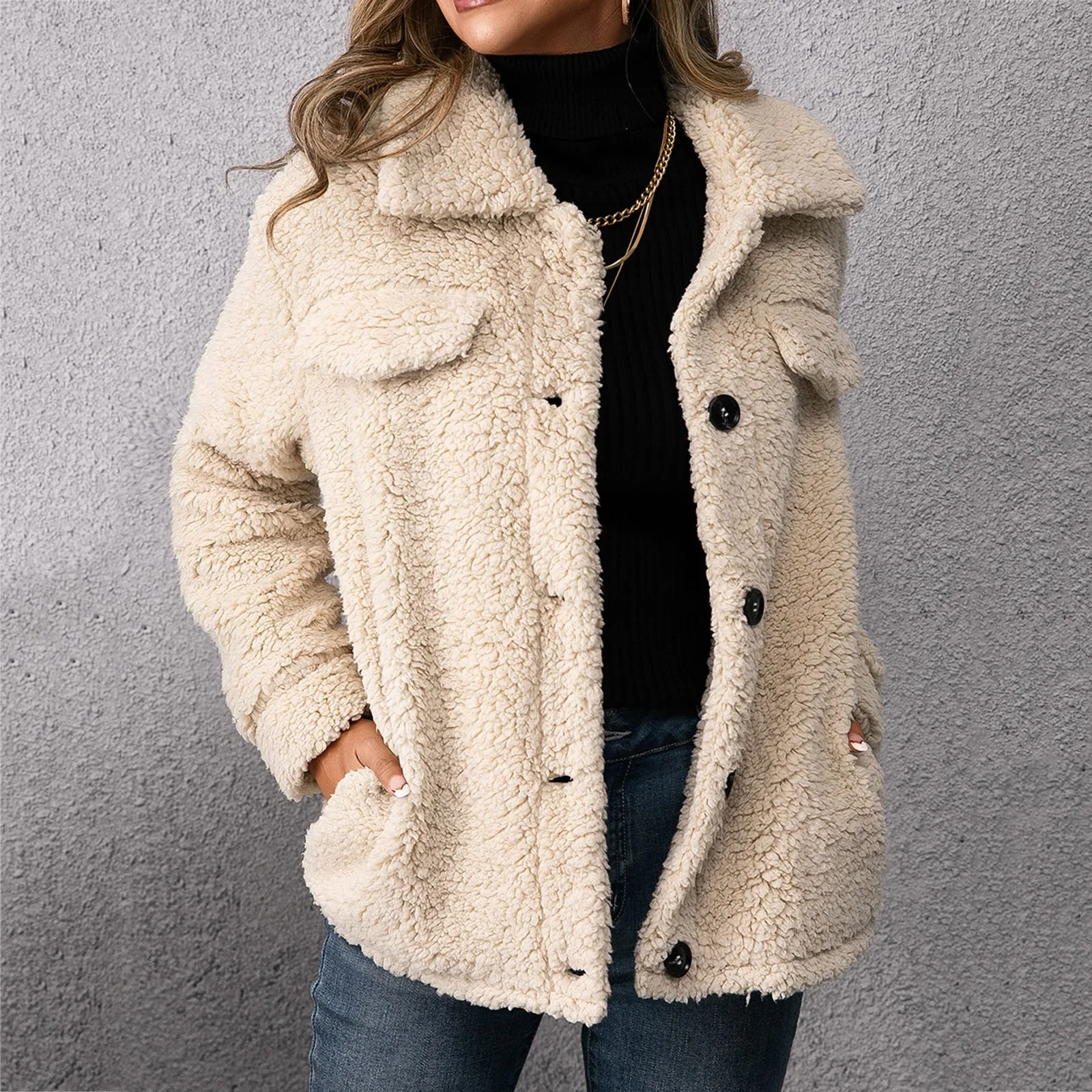 

Plush Women's Outerwear Casual Solid Color Autumn And Winter Loose Fitting Sweater Long Sleeved Lapel Button Cardigan Clothing