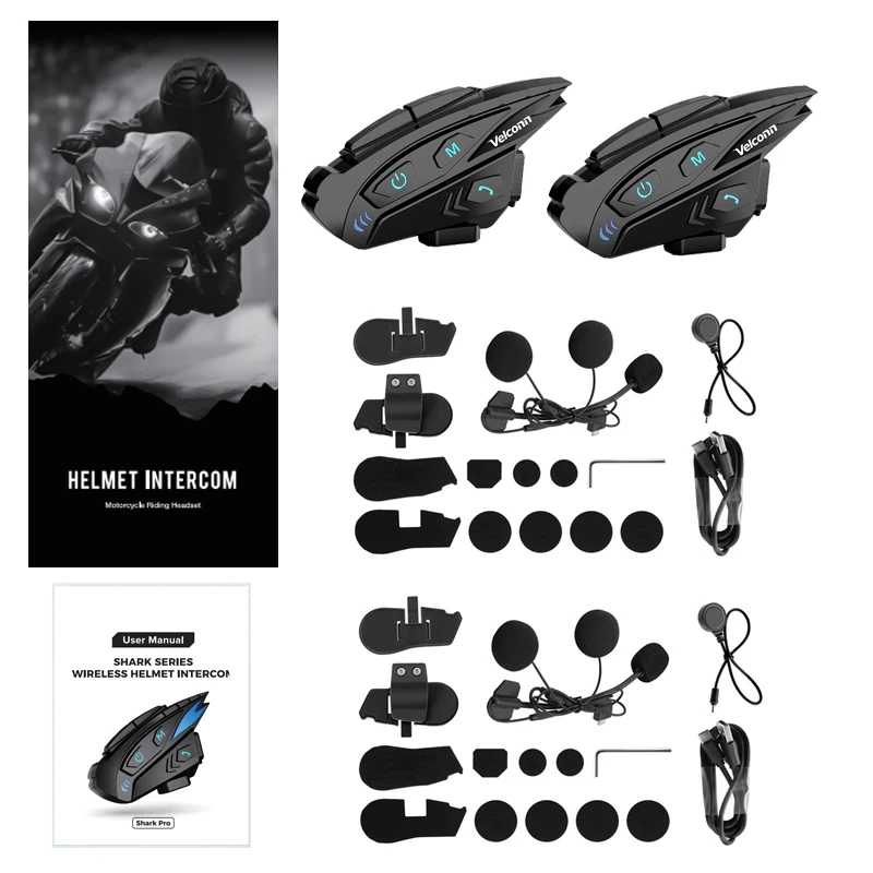 

Velconn Shark Pro Мотоциклетный домофон Совместное использование музыки Шлем Bluetooth-гарнитура 6 гонщиков 2 км Полнодуплексный домофон FM-радио IP65