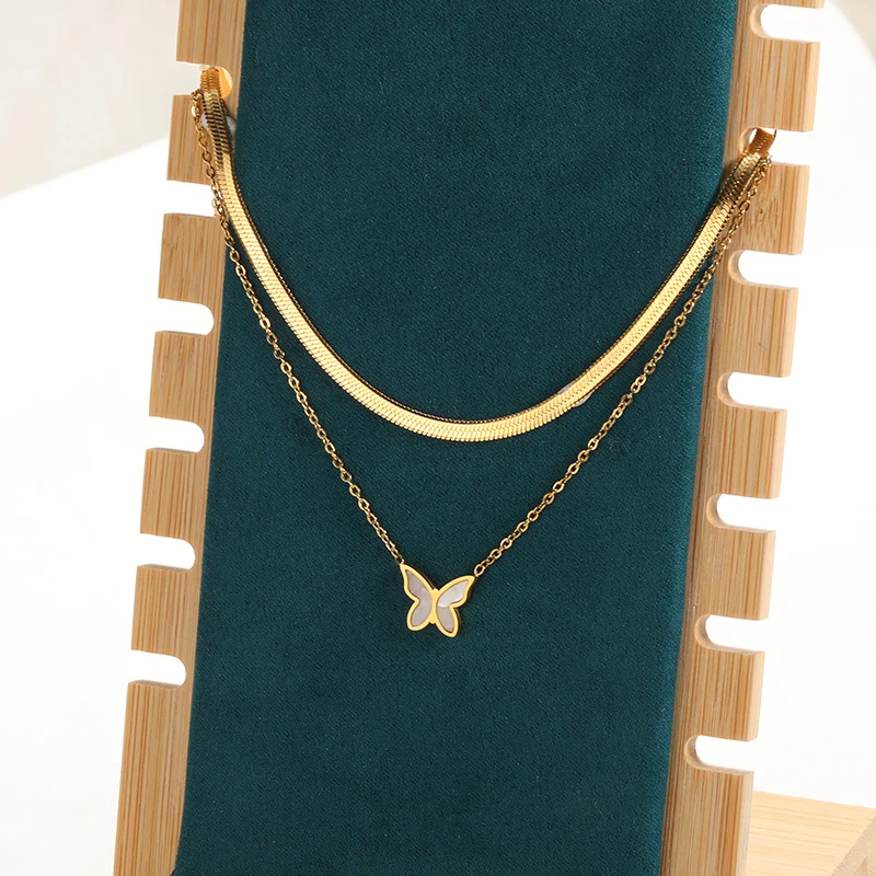 

Elegant Double Layer White Shell Butterfly Necklace Gold Stainless Steel Blade Snake Chains Fashion Jewelry Set Ladies Gift