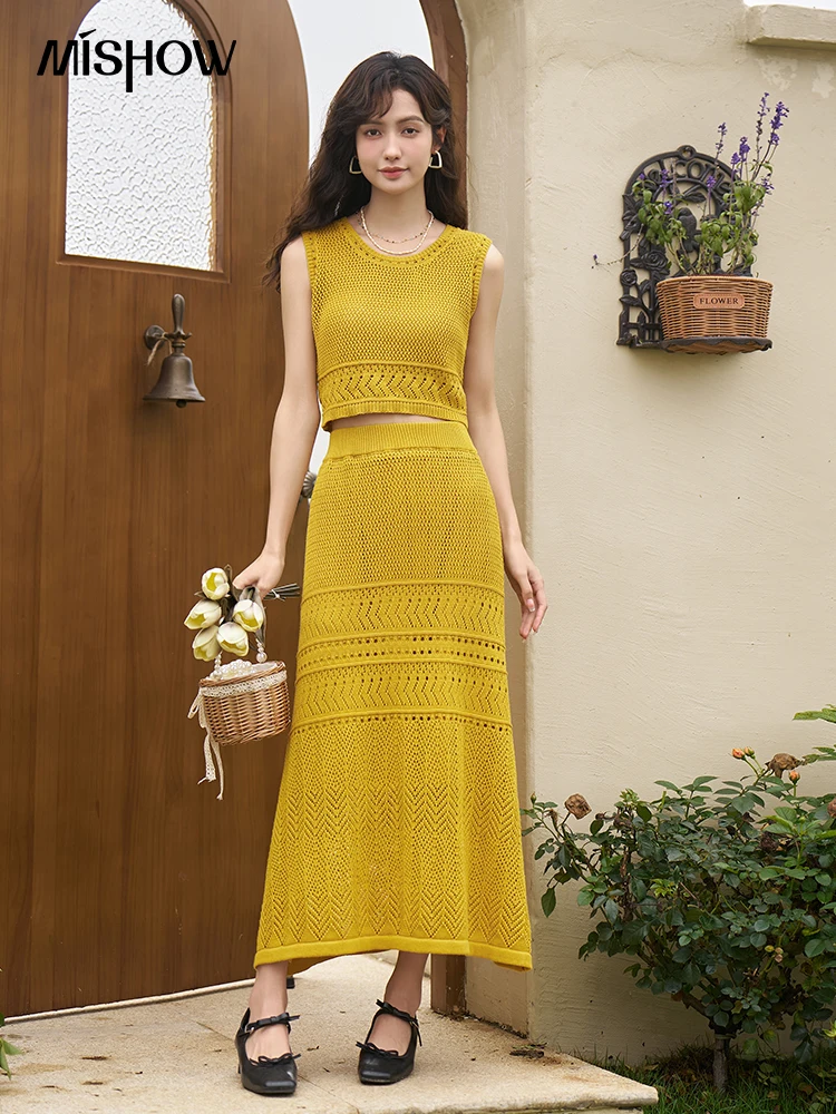 MISHOW Hollow Out Knitted Suit Skirt for Women 2023 Summer 100 Cotton Sleeveless Top Midi Skirt Sets Vacation Beach MXC35T0087
