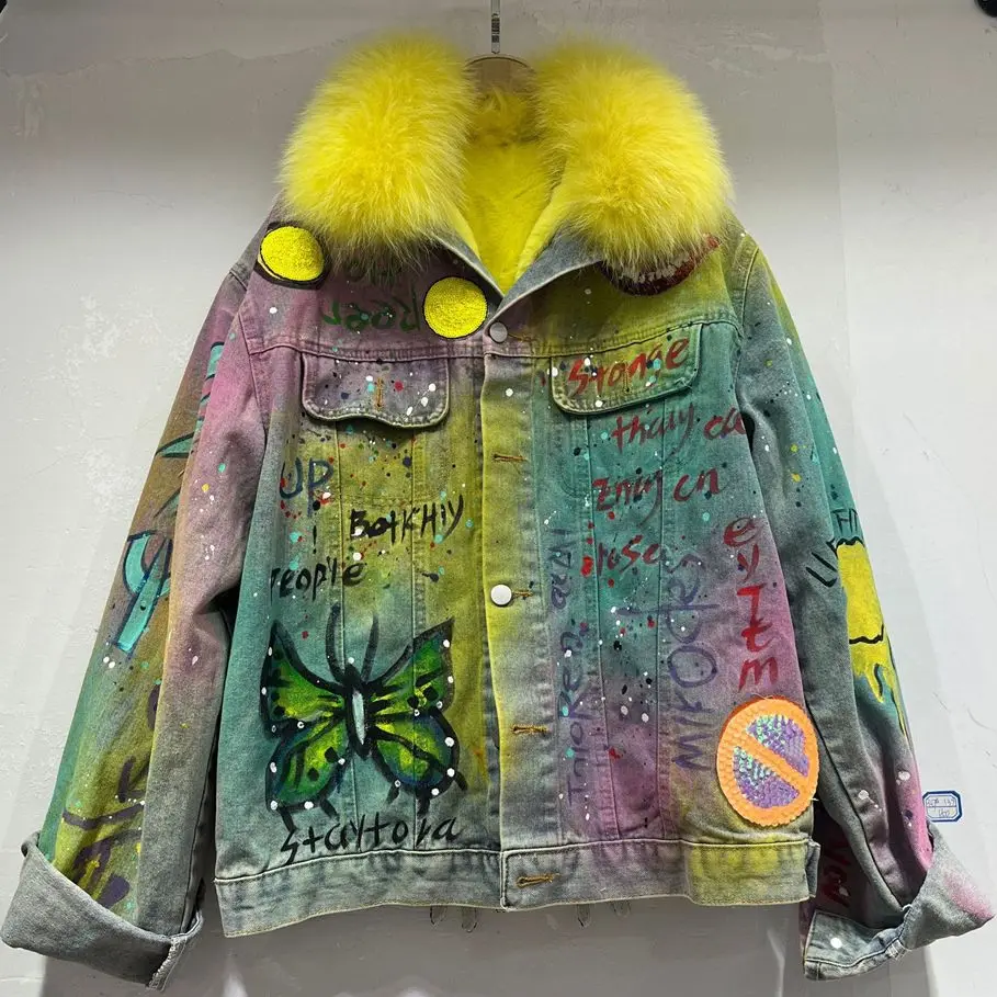 

Женская зимняя джинсовая парка с воротником из лисьего меха, шикарная Свободная джинсовая куртка с надписью и граффити, толстая подкладка из искусственного меха, уличная одежда Y3330