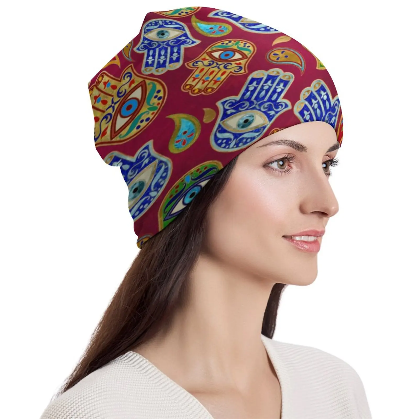 

Разноцветная Шапка-бини Hamsa, головные уборы ручной работы, головные уборы для взрослых, унисекс, уличная вязаная шапка Kpop, Осенние теплые шапки с принтом