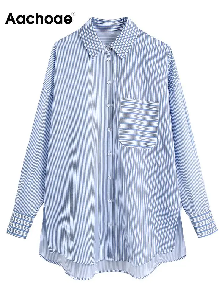 

Блузка женская в полоску с отложным воротником, длинным рукавом и карманами