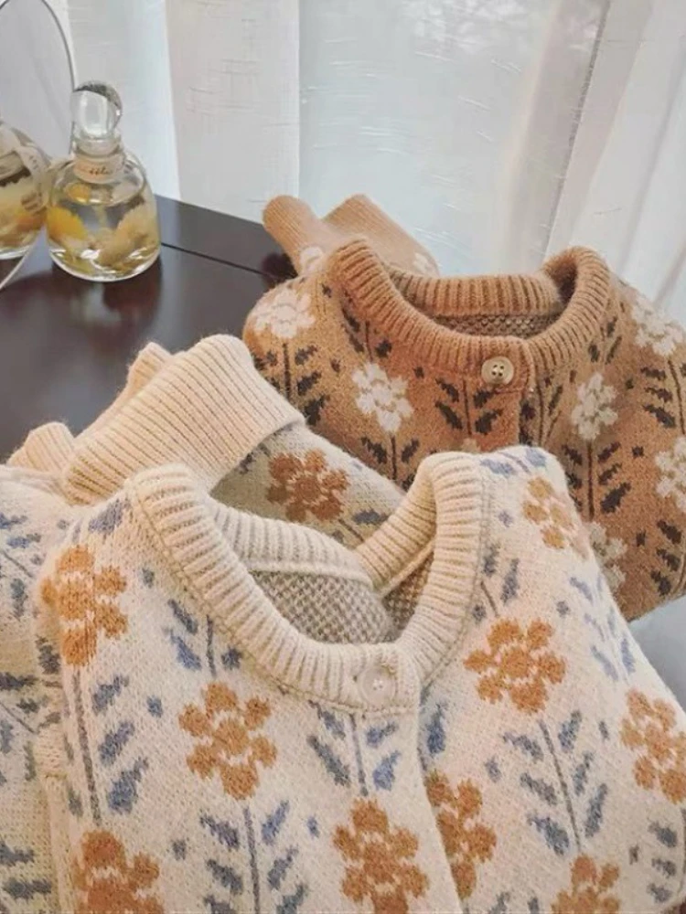 Suéter de cuello redondo de Jacquard para mujer, cárdigan holgado, ropa de invierno