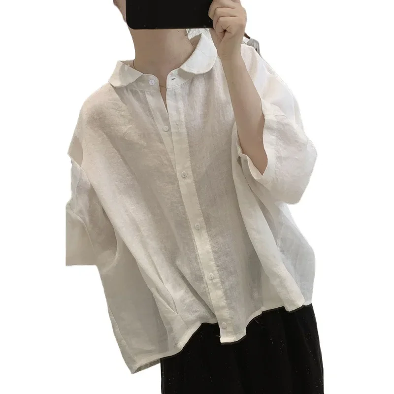 Хлопково-льняная женская рубашка 2024 весна-лето новая с рукавами 3/4 летучая мышь