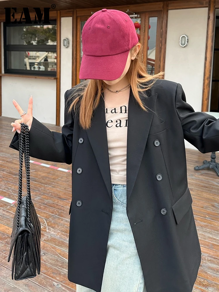 

[EAM] женский черный Двубортный повседневный Блейзер большого размера, новая куртка с отворотом и длинными рукавами, модная демисезонная 2023 1DF6189