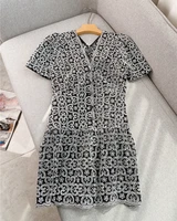 black bubble short sleeved a line dress for ruandai 2022 summer new hollow embroidery slim v neck single breasted dress women