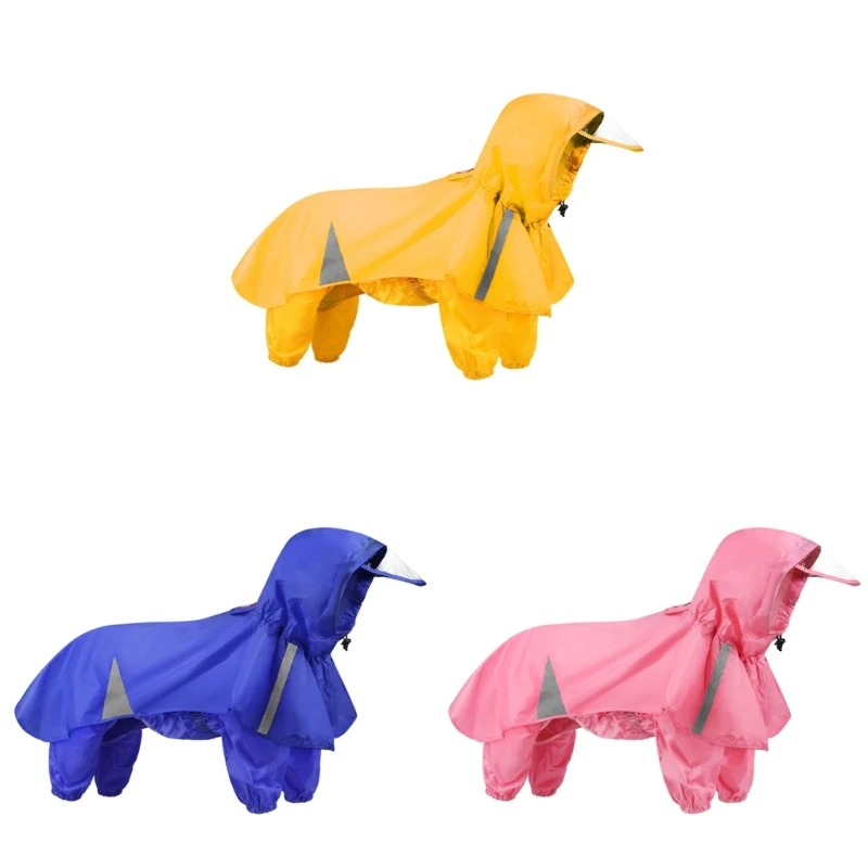 

C90D Dog Raincoats Pet Hooded Raincoats 4Leg Rainjackets Reflective Dog Clothes Skin Friendly Rainy Wear with Detachable Cape
