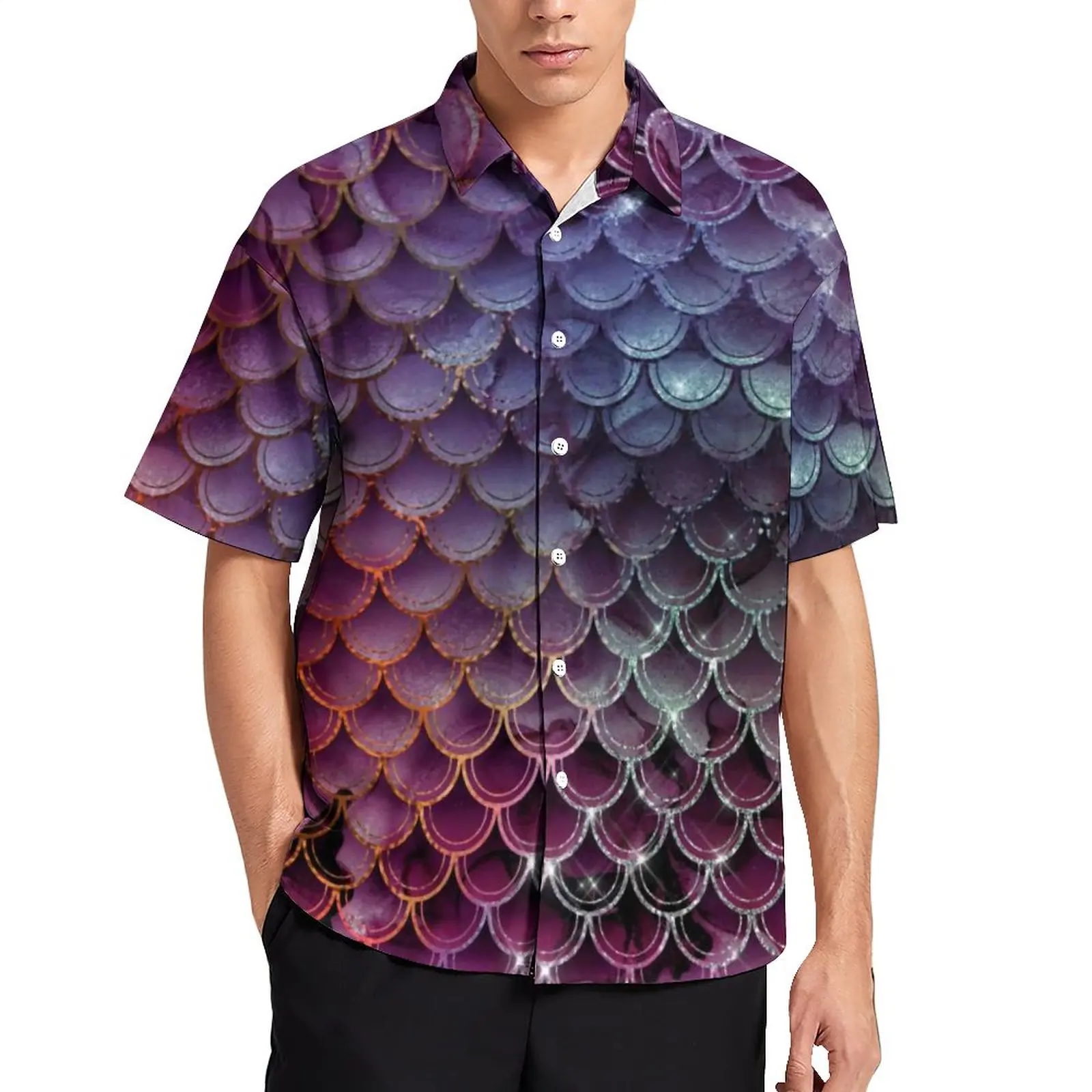 

Ombre Glitter Print Loose Shirt Male Beach Shiny Mermaid Scales Casual Shirts Hawaiian Custom Street Style Oversized Blouses