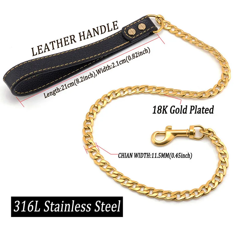 4.5FT Metal Dog Lead Stainless Steel Chain 18K Gold Pet Leash with Leather Handle Training For Medium Large Dog images - 6