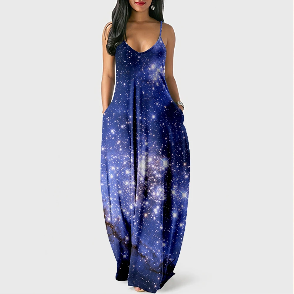 

Женское платье-макси без рукавов, с принтом звездного неба