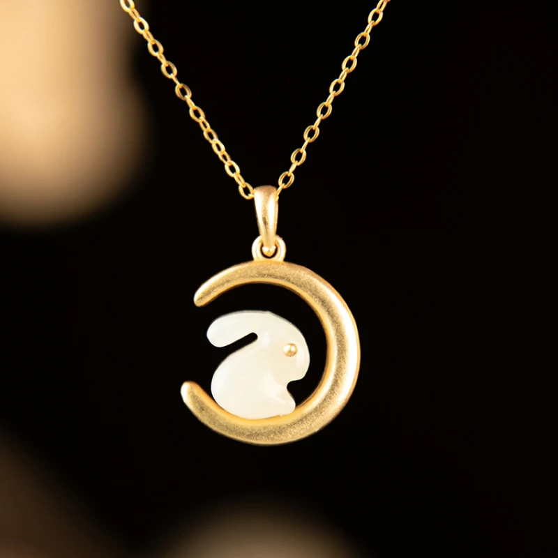

Originality new natural hotan jade necklaces moon rabbit pendant Light luxury exquisite clavicle chain wedding silver jewelry