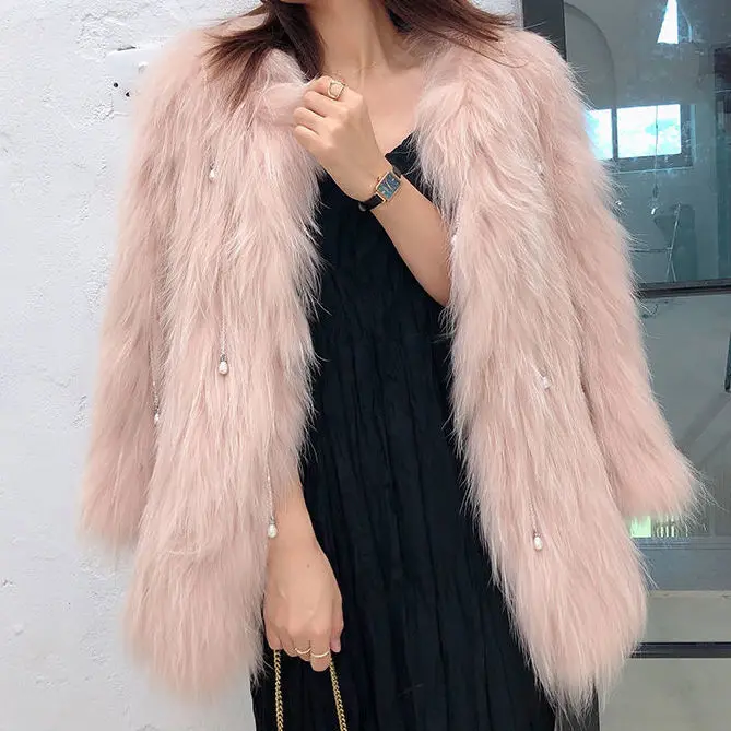 Fox Fur Raccoon Fur Feather Imitation Fur Fashion Coat Female Middle Long Thin Pearl Pendant Fringe Casual Coat Female